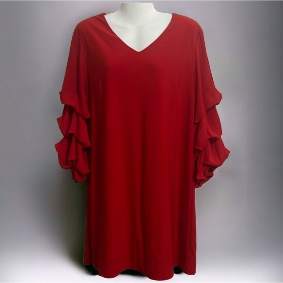CATO Red Shift Dress Mameluke Tiered Puff Sleeve A-line V-Neck Flowy Midi Knee L - Picture 4 of 10